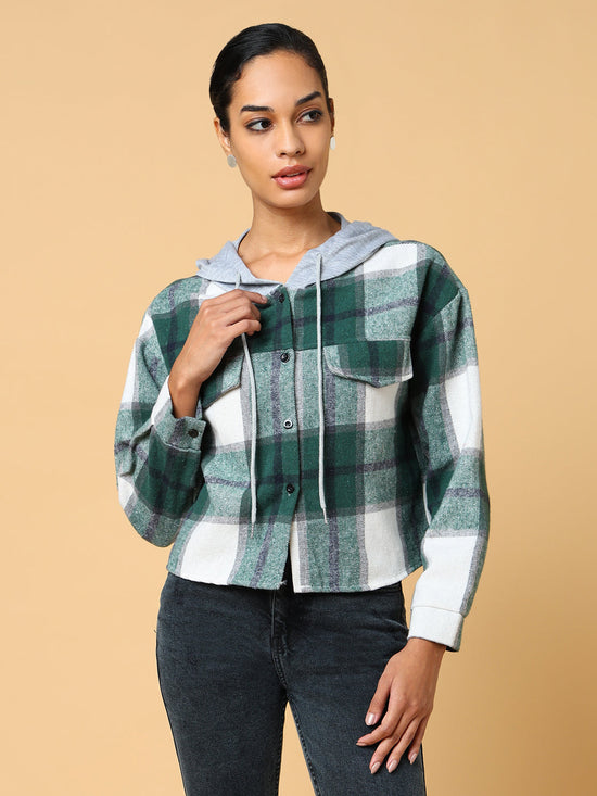 Women Hooded Checked Green Sweatshirt-CHN-705-Green