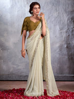 Saree Mall Women's Chiffon Off White Embellished Designer Saree With Blouse Piece-CHUNRI1006