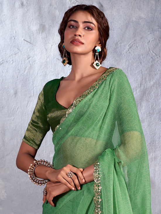 Saree Mall Women's Chiffon Light Green Embellished Designer Saree With Blouse Piece-CHUNRI1007