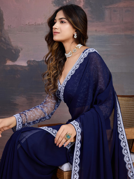 Avanshee Women's Latest Georgette Solid Saree With Unstiched Embroidred Blouse-AVN-1705-NAVY BLUE