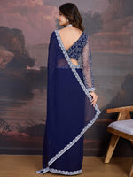 Avanshee Women's Latest Georgette Solid Saree With Unstiched Embroidred Blouse-AVN-1705-NAVY BLUE