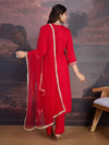 Avanshee Women's Red Silk Blend Embroidered Neck Kurta, Pant And Net Dupatta Set-ES-7546-RED