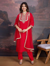 Avanshee Women's Red Silk Blend Embroidered Neck Kurta, Pant And Net Dupatta Set-ES-7546-RED