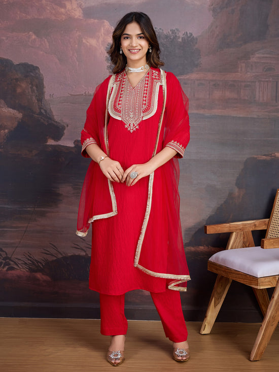 Avanshee Women's Red Silk Blend Embroidered Neck Kurta, Pant And Net Dupatta Set-ES-7546-RED