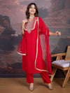 Avanshee Women's Red Silk Blend Embroidered Neck Kurta, Pant And Net Dupatta Set-ES-7546-RED