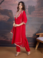 Avanshee Women's Red Silk Blend Embroidered Neck Kurta, Pant And Net Dupatta Set-ES-7546-RED