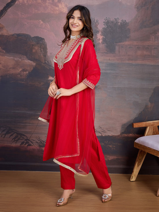 Avanshee Women's Red Silk Blend Embroidered Neck Kurta, Pant And Net Dupatta Set-ES-7546-RED