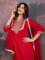 Avanshee Women's Red Silk Blend Embroidered Neck Kurta, Pant And Net Dupatta Set-ES-7546-RED