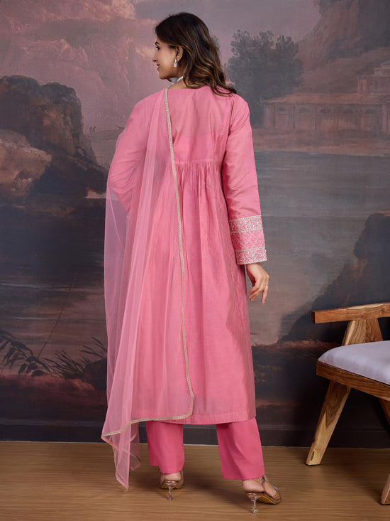 Avanshee Women's Latest Chanderi Flared  Kurta, Pant With Dupatta Set-ES-7547-PINK