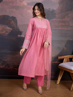 Avanshee Women's Latest Chanderi Flared  Kurta, Pant With Dupatta Set-ES-7547-PINK