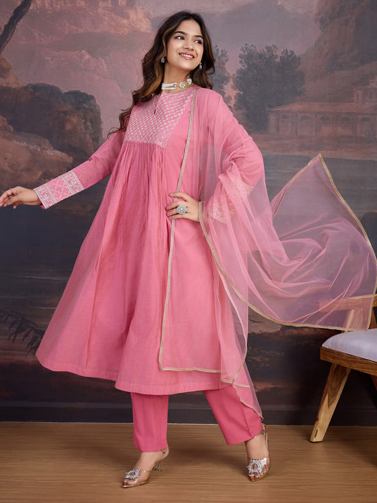 Avanshee Women's Latest Chanderi Flared  Kurta, Pant With Dupatta Set-ES-7547-PINK