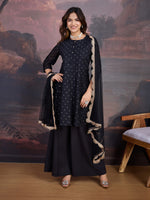 Avanshee Women's Chanderi Silk Short Flared Kurta, Palazzo And Net Dupatta Set-ES-7548-BLACK