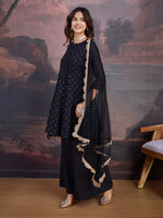 Avanshee Women's Chanderi Silk Short Flared Kurta, Palazzo And Net Dupatta Set-ES-7548-BLACK