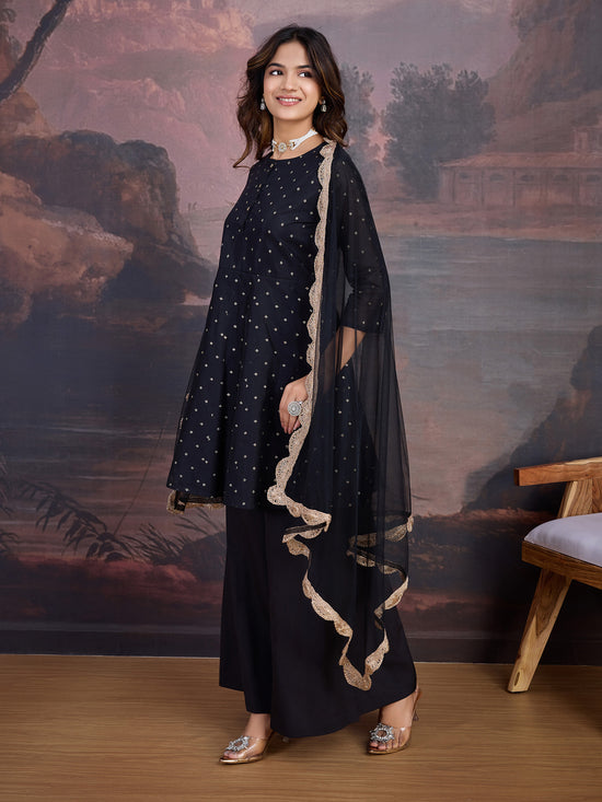 Avanshee Women's Chanderi Silk Short Flared Kurta, Palazzo And Net Dupatta Set-ES-7548-BLACK