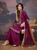 Avanshee Women's Silk Blend Kurta, Palazzo And Net Dupatta Set-ES-7549-PURPLE