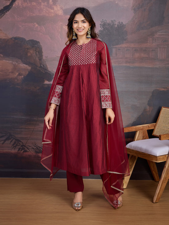 Avanshee Women's Latest Chanderi Flared  Kurta, Pant With Dupatta Set-ES-7547AROON