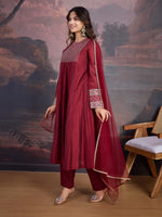 Avanshee Women's Latest Chanderi Flared  Kurta, Pant With Dupatta Set-ES-7547AROON