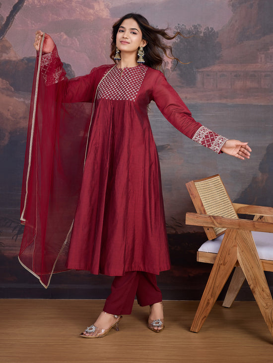 Avanshee Women's Latest Chanderi Flared  Kurta, Pant With Dupatta Set-ES-7547AROON