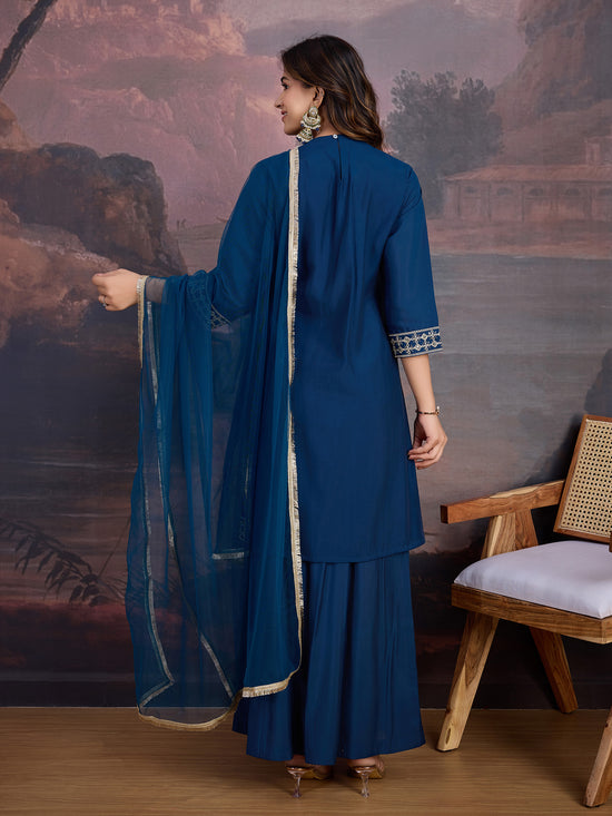 Avanshee Women's Silk Blend Kurta, Palazzo And Net Dupatta Set-ES-7549-RAMA