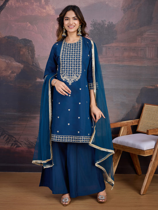 Avanshee Women's Silk Blend Kurta, Palazzo And Net Dupatta Set-ES-7549-RAMA