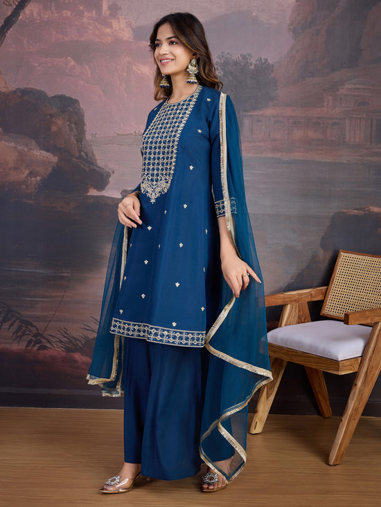 Avanshee Women's Silk Blend Kurta, Palazzo And Net Dupatta Set-ES-7549-RAMA