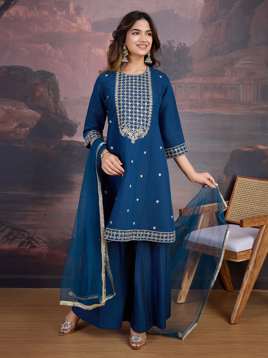 Avanshee Women's Silk Blend Kurta, Palazzo And Net Dupatta Set-ES-7549-RAMA