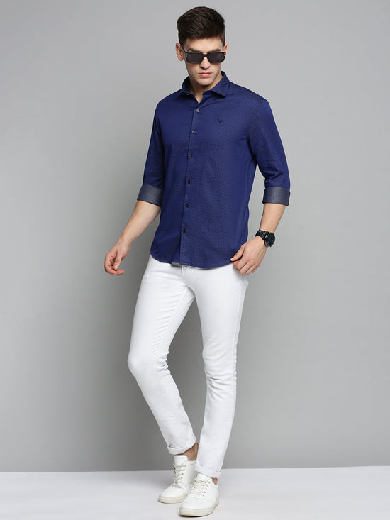 Men Spread Collar Printed Navy Blue Shirt-CarlosPrint-3234-Navyblue