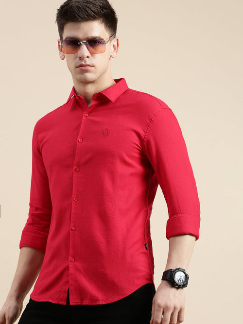 Men Spread Collar Solid Red Shirt-Casperplain-5103-Red