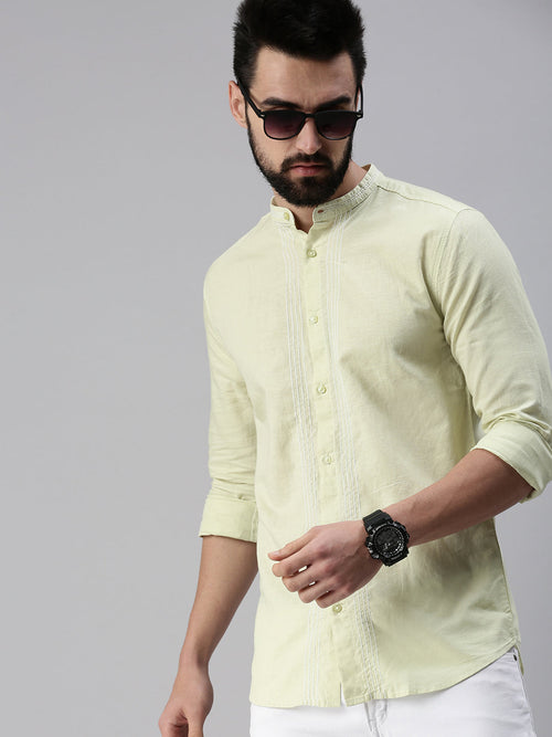 Men Mandarin Collar Solid Green Shirt-Chainlinen-396-Green