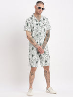 Men Geometric Print Cuban Collar White Co-Ords Set-Cyril-2483-White