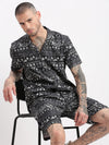 Men Geometric Print Cuban Collar Charcoal Co-Ords Set-Cyril-2484-Charcoal