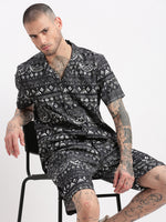 Men Geometric Print Cuban Collar Charcoal Co-Ords Set-Cyril-2484-Charcoal