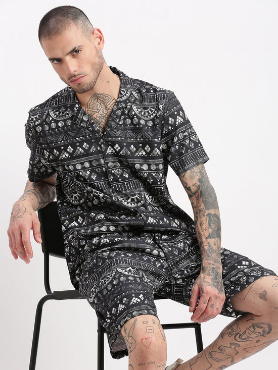 Men Geometric Print Cuban Collar Charcoal Co-Ords Set-Cyril-2484-Charcoal