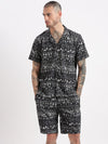 Men Geometric Print Cuban Collar Charcoal Co-Ords Set-Cyril-2484-Charcoal