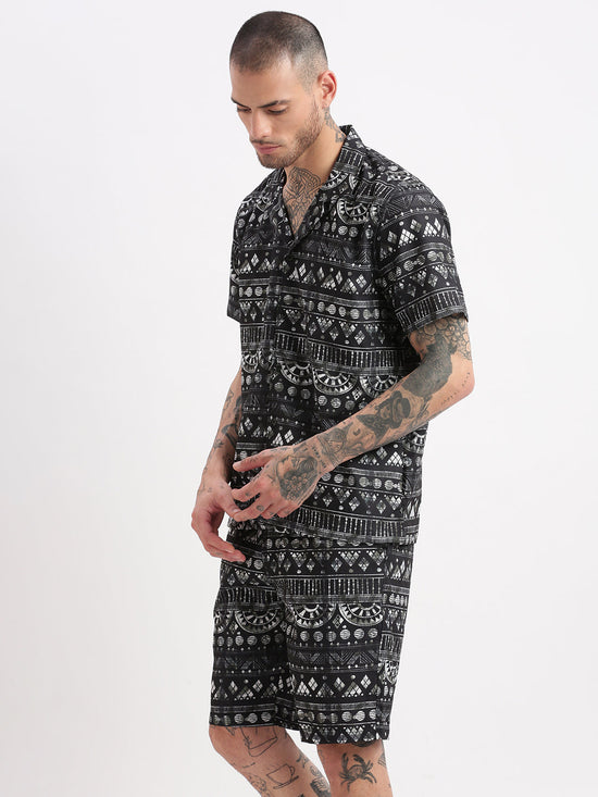 Men Geometric Print Cuban Collar Charcoal Co-Ords Set-Cyril-2484-Charcoal