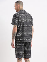 Men Geometric Print Cuban Collar Charcoal Co-Ords Set-Cyril-2484-Charcoal