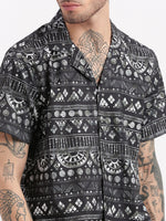 Men Geometric Print Cuban Collar Charcoal Co-Ords Set-Cyril-2484-Charcoal