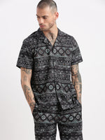 Men Geometric Print Cuban Collar Black Co-Ords Set-Cyril-2488-Black