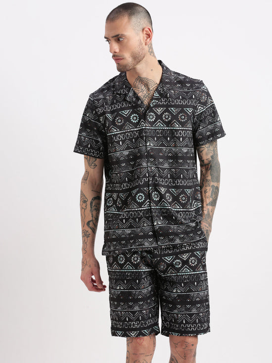 Men Geometric Print Cuban Collar Black Co-Ords Set-Cyril-2488-Black