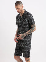 Men Geometric Print Cuban Collar Black Co-Ords Set-Cyril-2488-Black