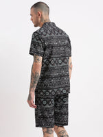 Men Geometric Print Cuban Collar Black Co-Ords Set-Cyril-2488-Black