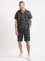 Men Geometric Print Cuban Collar Black Co-Ords Set-Cyril-2488-Black