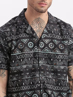 Men Geometric Print Cuban Collar Black Co-Ords Set-Cyril-2488-Black