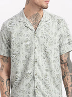 Men Geometric Print Cuban Collar Sea Green Co-Ords Set-Cyril-2491-Seagreen