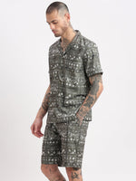 Men Geometric Print Cuban Collar Green Co-Ords Set-Cyril-2492-Green