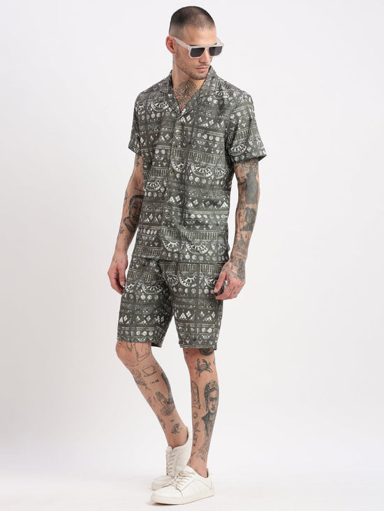 Men Geometric Print Cuban Collar Green Co-Ords Set-Cyril-2492-Green