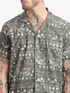 Men Geometric Print Cuban Collar Green Co-Ords Set-Cyril-2492-Green