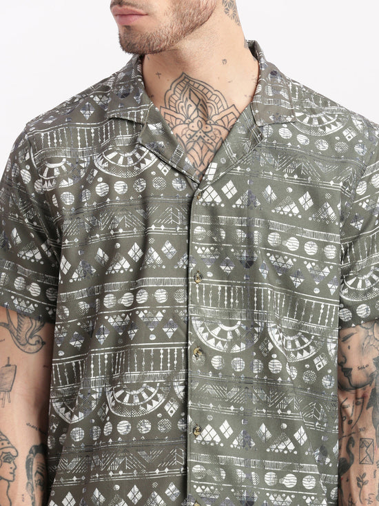 Men Geometric Print Cuban Collar Green Co-Ords Set-Cyril-2492-Green