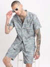 Men Geometric Print Cuban Collar Grey Co-Ords Set-Cyril-2493-Grey