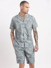 Men Geometric Print Cuban Collar Grey Co-Ords Set-Cyril-2493-Grey